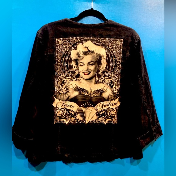 Hand Crafted Jackets & Blazers - HANDMADE jean jacket Marilyn Monroe Fame and Fortune artisan upcycled Womens 18